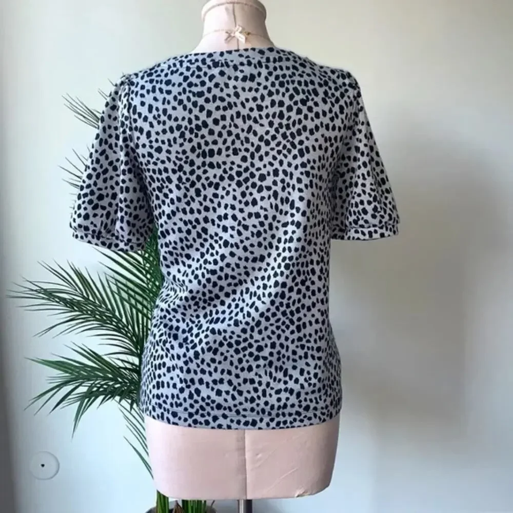 LOFT Dotted Print Knit Blouse Puff Sleeves Top Gray Casual Career Relaxed